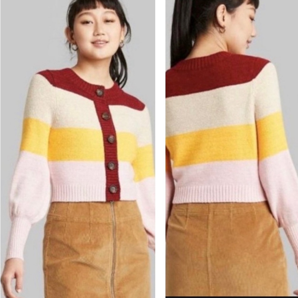 NWT Wild Fable Striped Button Up Balloon Sleeve Crop Sweater
